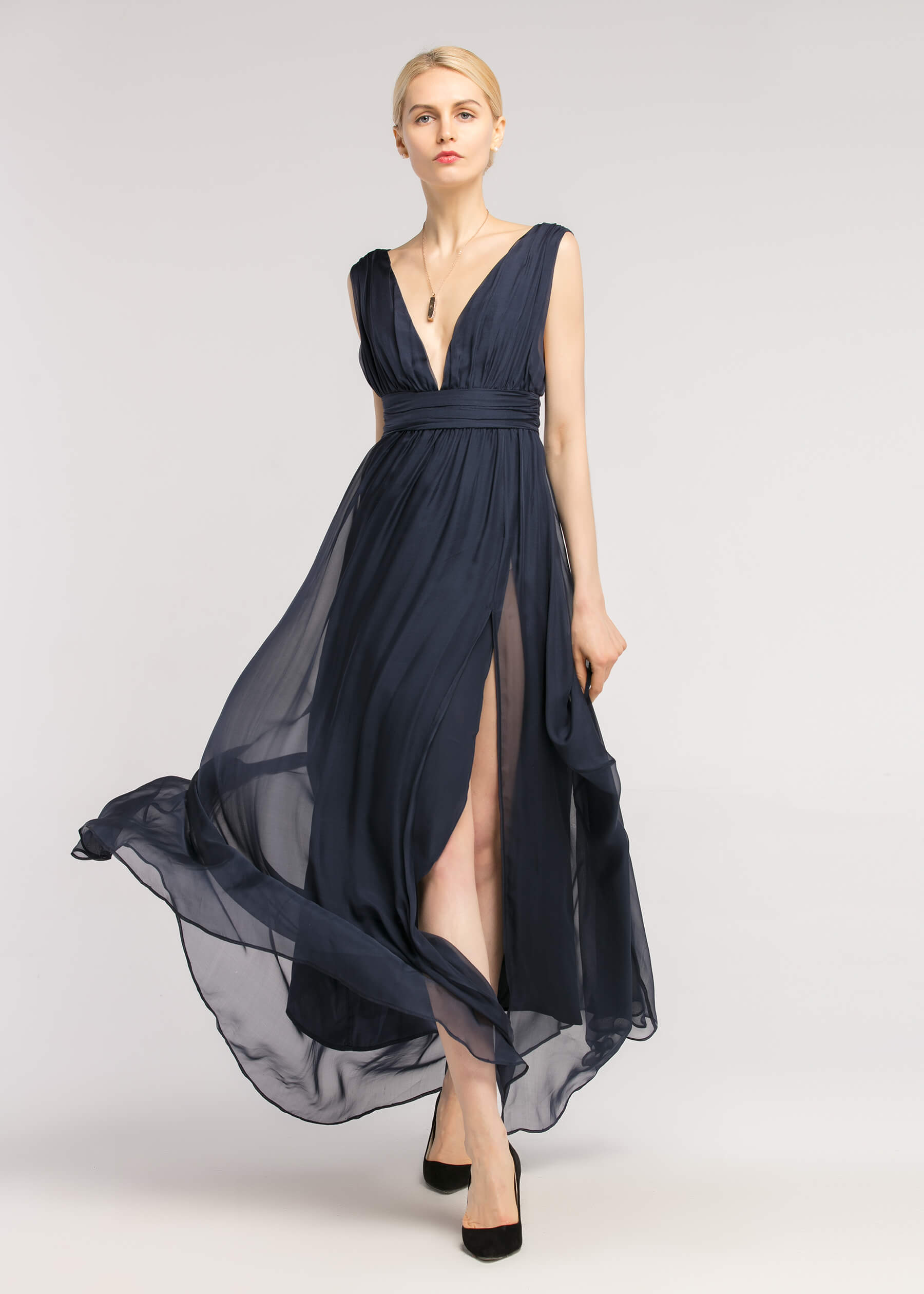 deep v neck silk dress