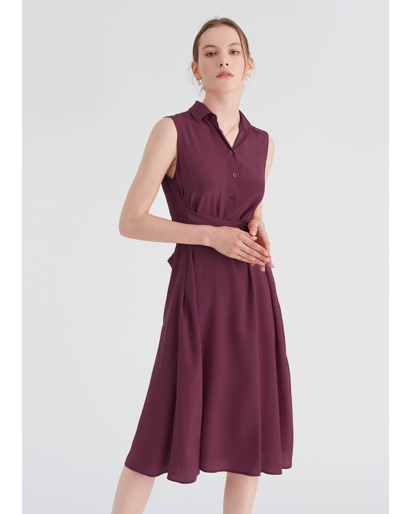 Body Flattering Silk Shirt Dress Dark-Burgundy XS