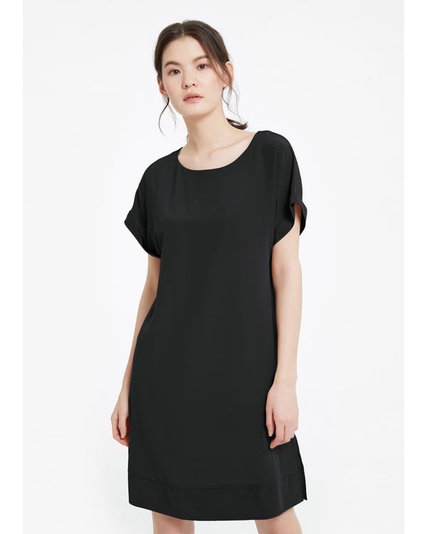 Simple Elegant Long Silk Shift Dress Black XL