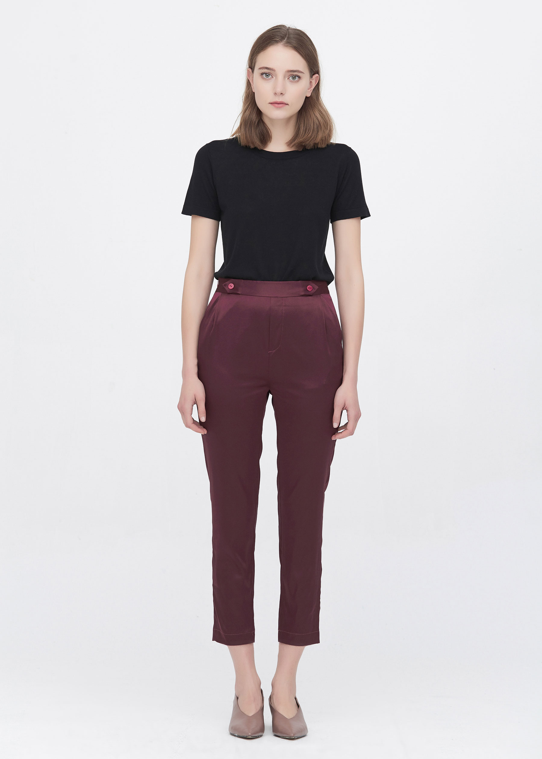 1960s Pants – Top Ten Styles for Women Comfort Fit Silk Cigarette Pants Dark-Burgundy 33B $95.00 AT vintagedancer.com