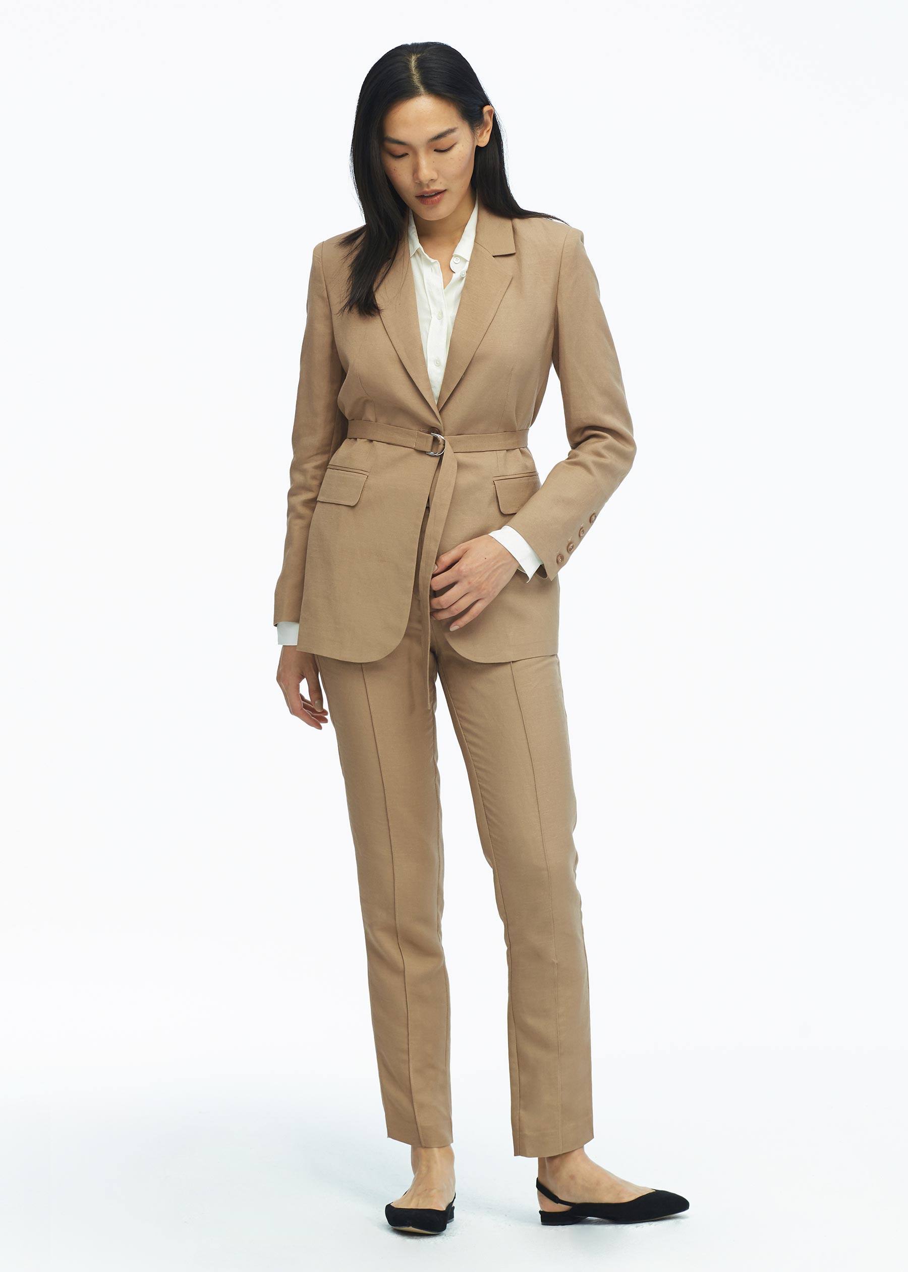 Women Silk Lining Casual Vintage Belted Blazer