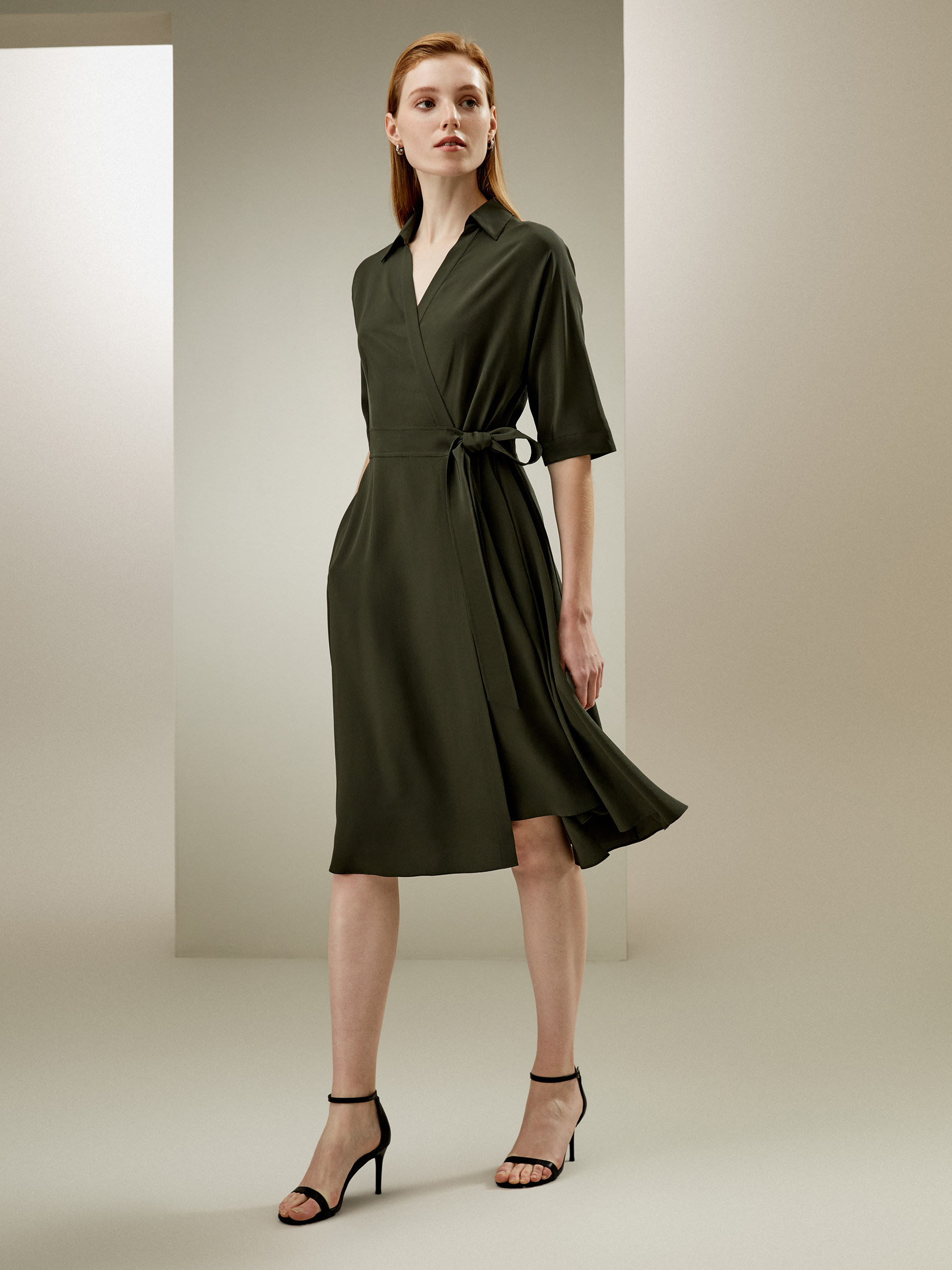 LILYSILK 100 Seide Kleid Olivgrün DE Seide Crêpe De Chine V-Ausschnitt Lockere Halbärmel S