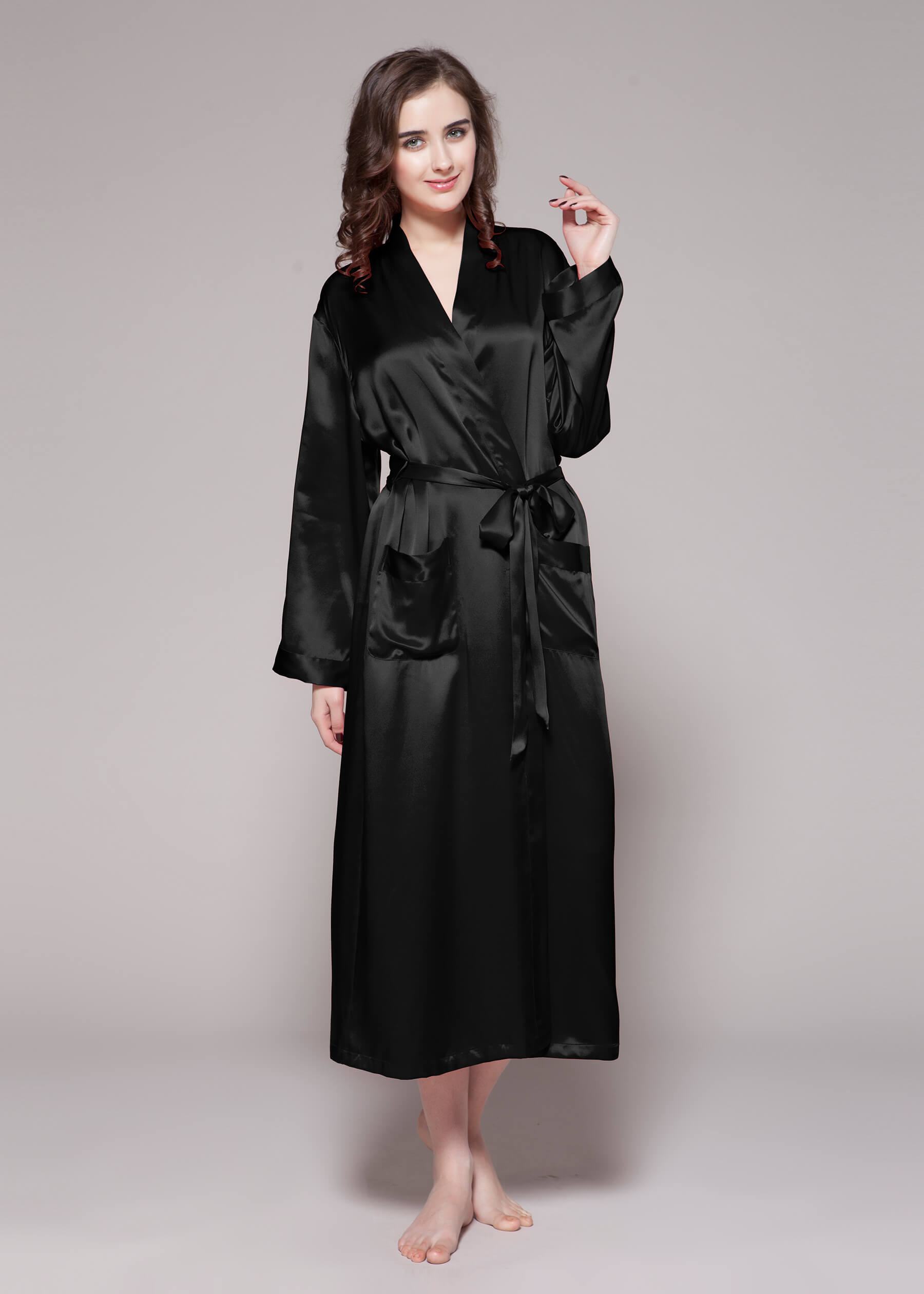 Long black sales silk dressing gown