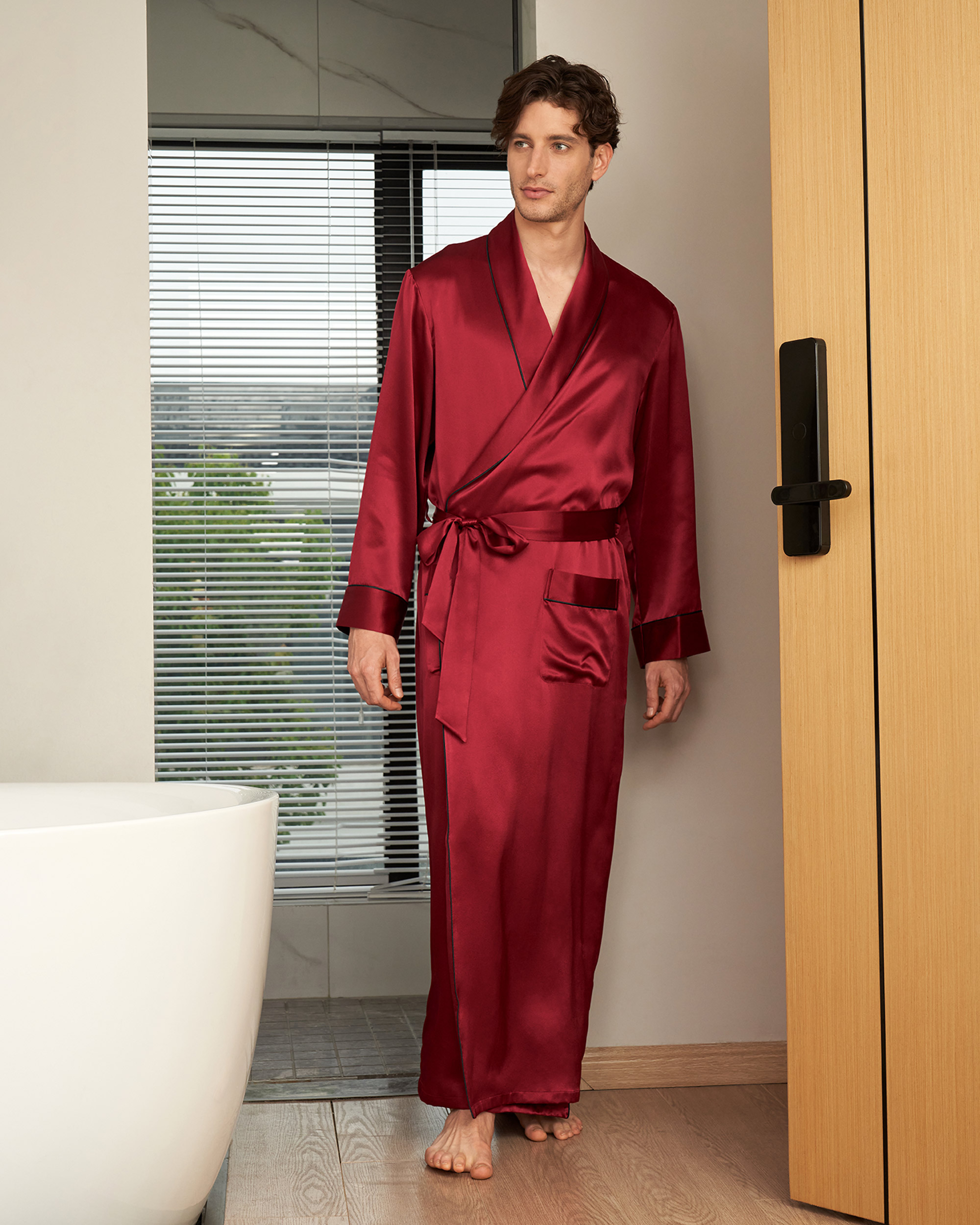 Peignoir Soie Homme Long Rouge M 100% Soie Tissu de Luxe LILYSILK