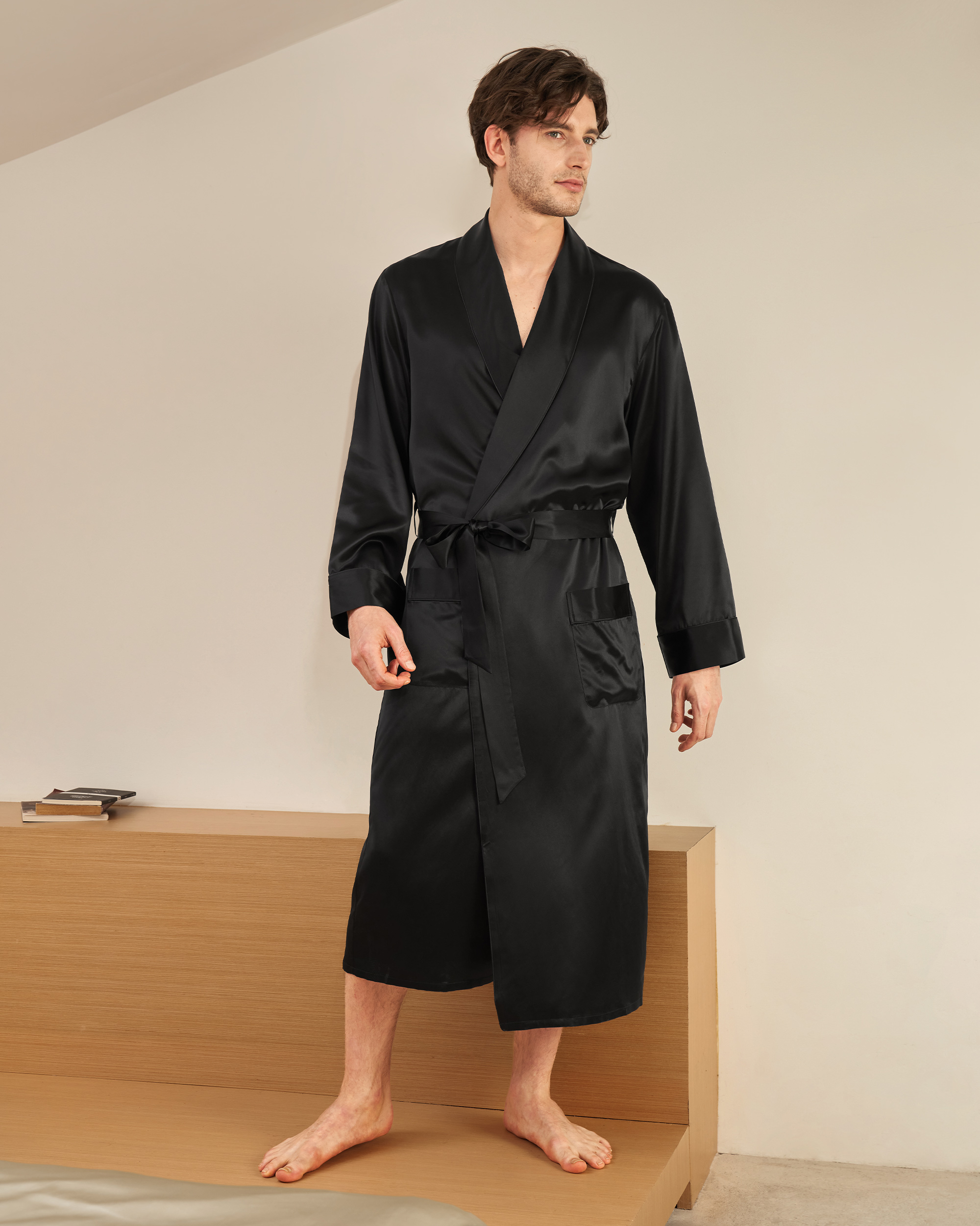 LILYSILK Silk Dressing Gowns For Men Black L Pure Mulberry Silk