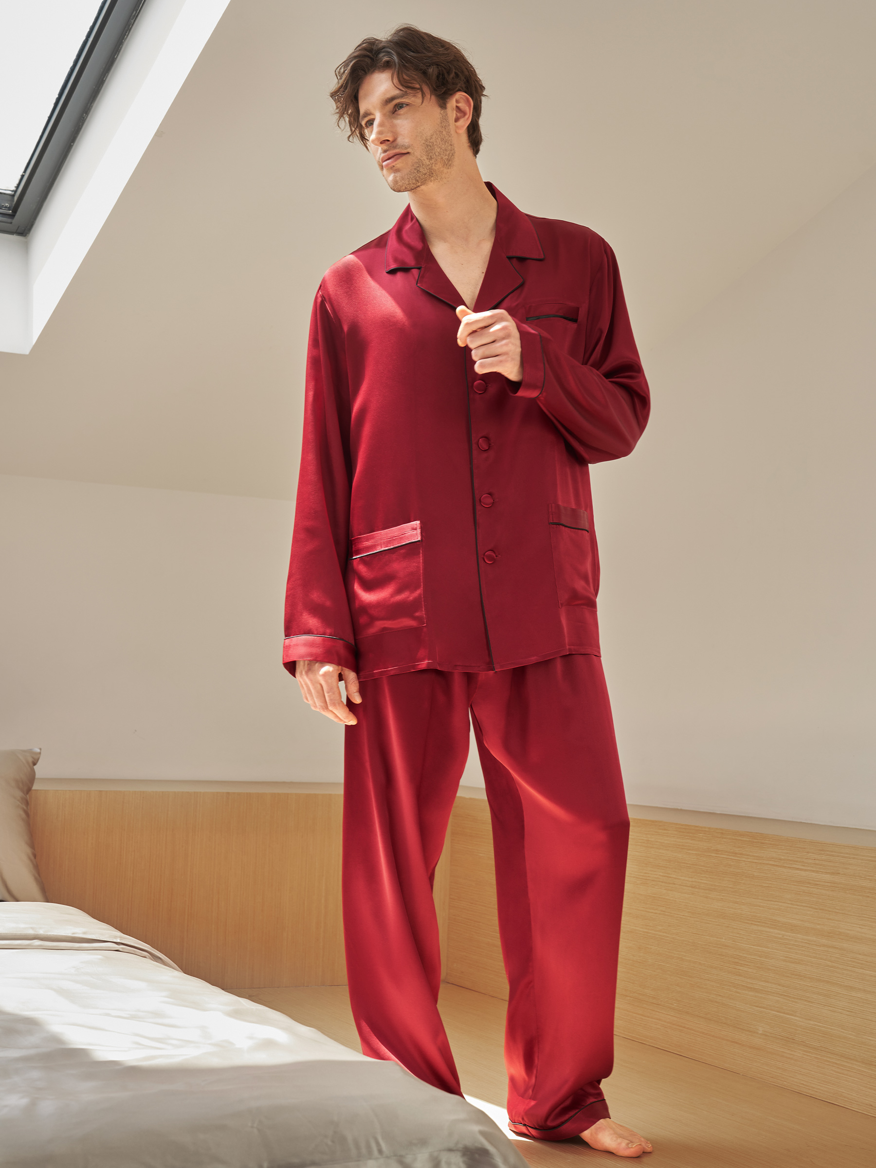 Ensemble De Pyjama En Soie Longue Bordure Contraste Pour Homme