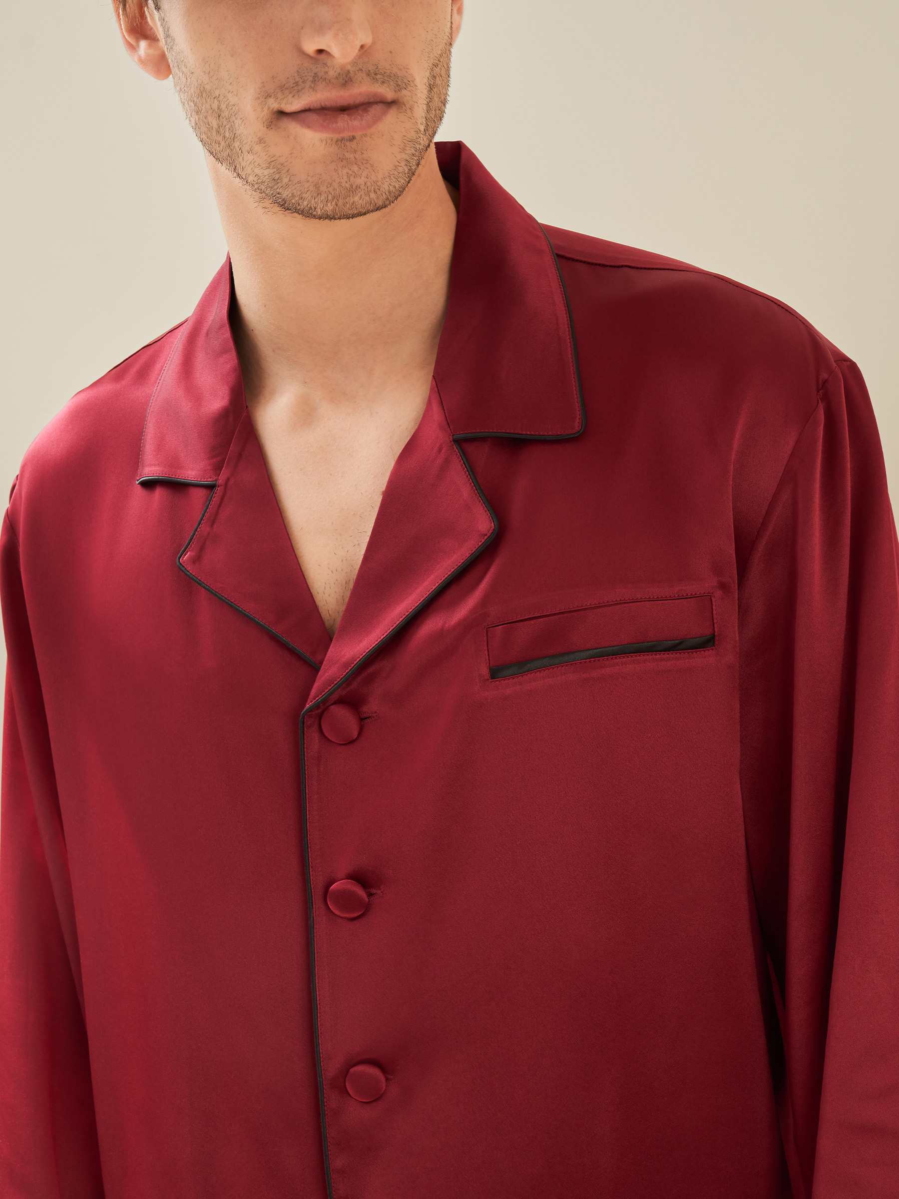 LILYSILK Pyjama Seide Herren Rotwein Deutschland 100% Reine Seide Mit Seide Umwickelte Knöpfe Leicht Und Weich XL