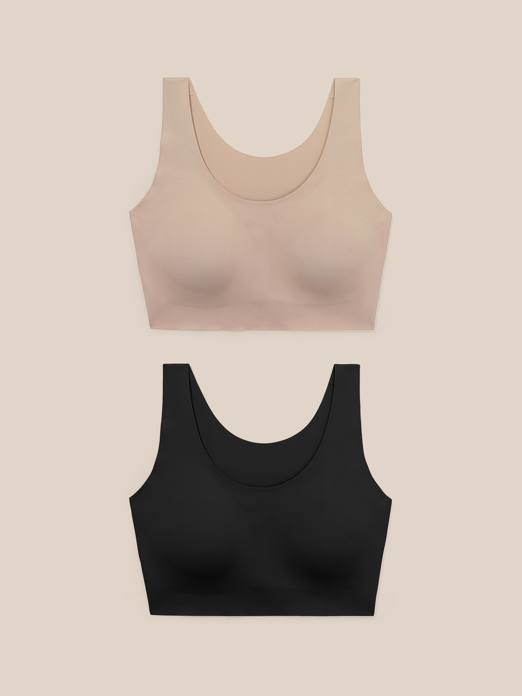 LILYSILK Supportive Silk Bra Non-Wired & Fixed Wide Straps Maximum Freedom 2 Packs-Black-Black & Light Apricot