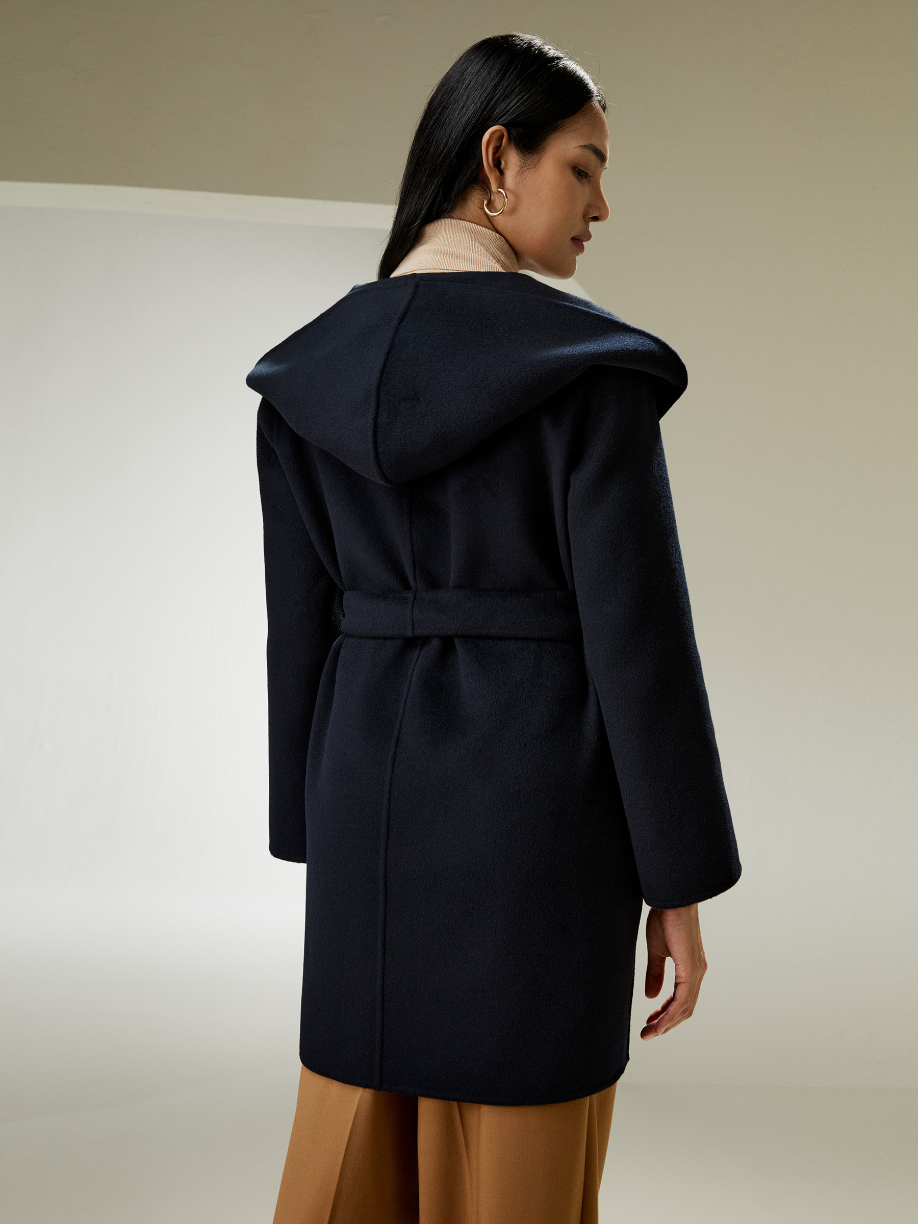 Cashmere-Wool-Blend Belted Short Hooded Coat