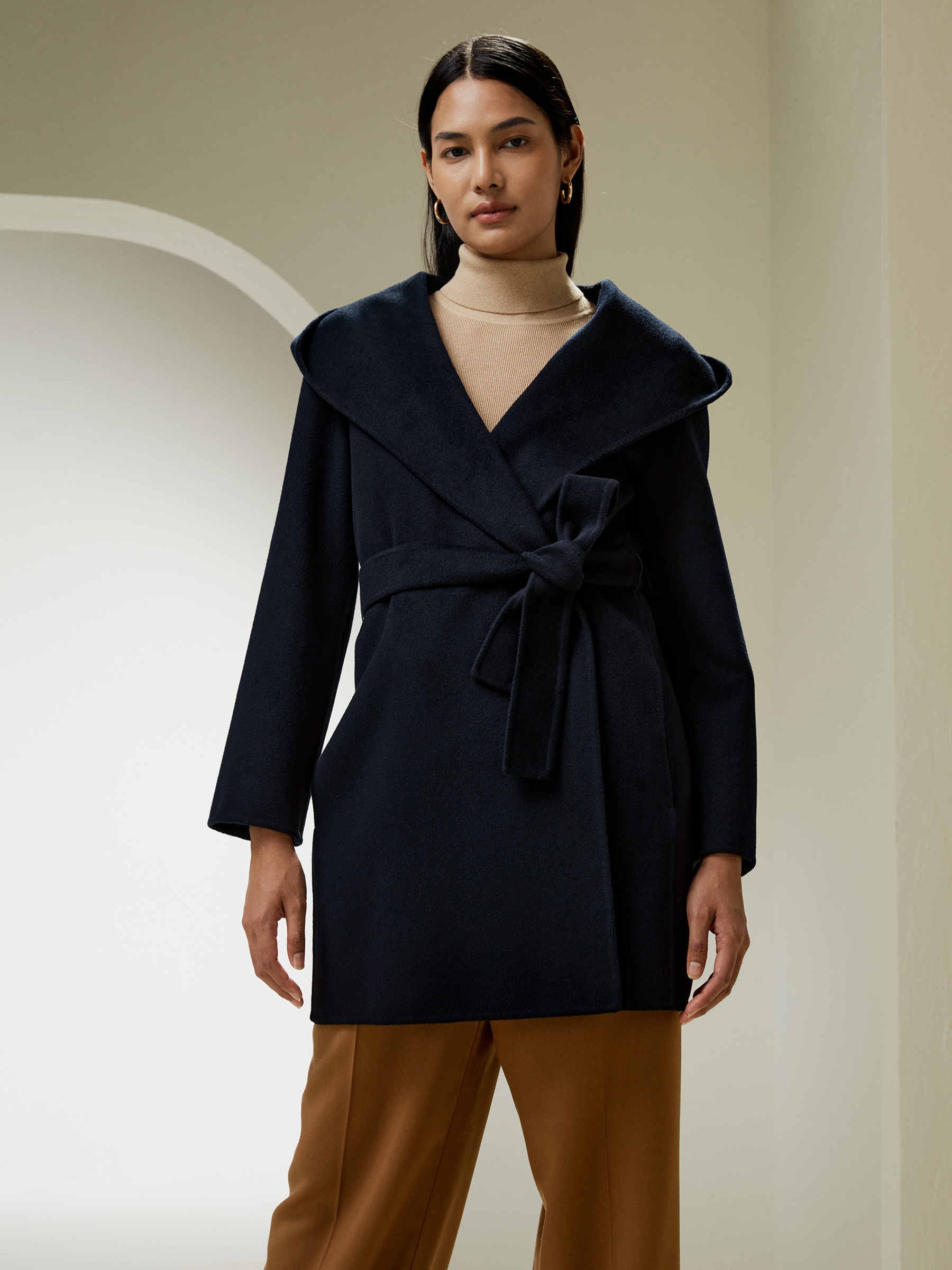 Belted Double Face Hooded Wrap Coat - Luxury Natural