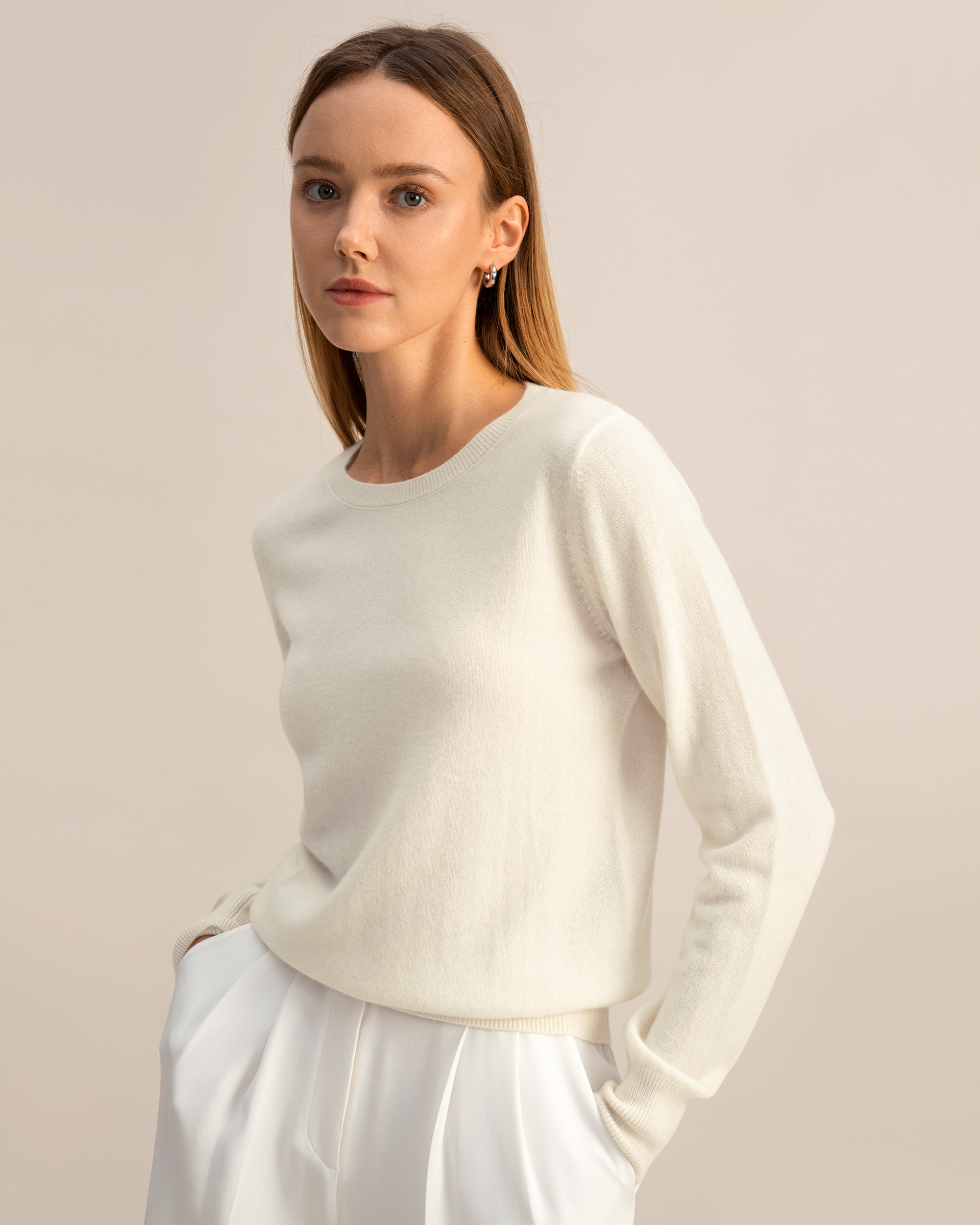 LILYSILK Rundhalspullover aus Kaschmir Normale Passform Natürliches Weiß S DE