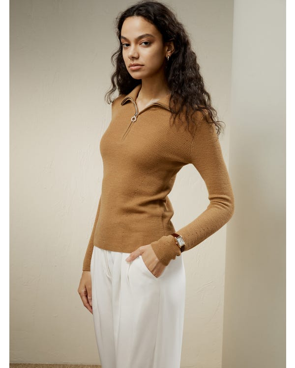 Gaia Ribbed Half Zip Ultra-fine Merino Wool Sweater