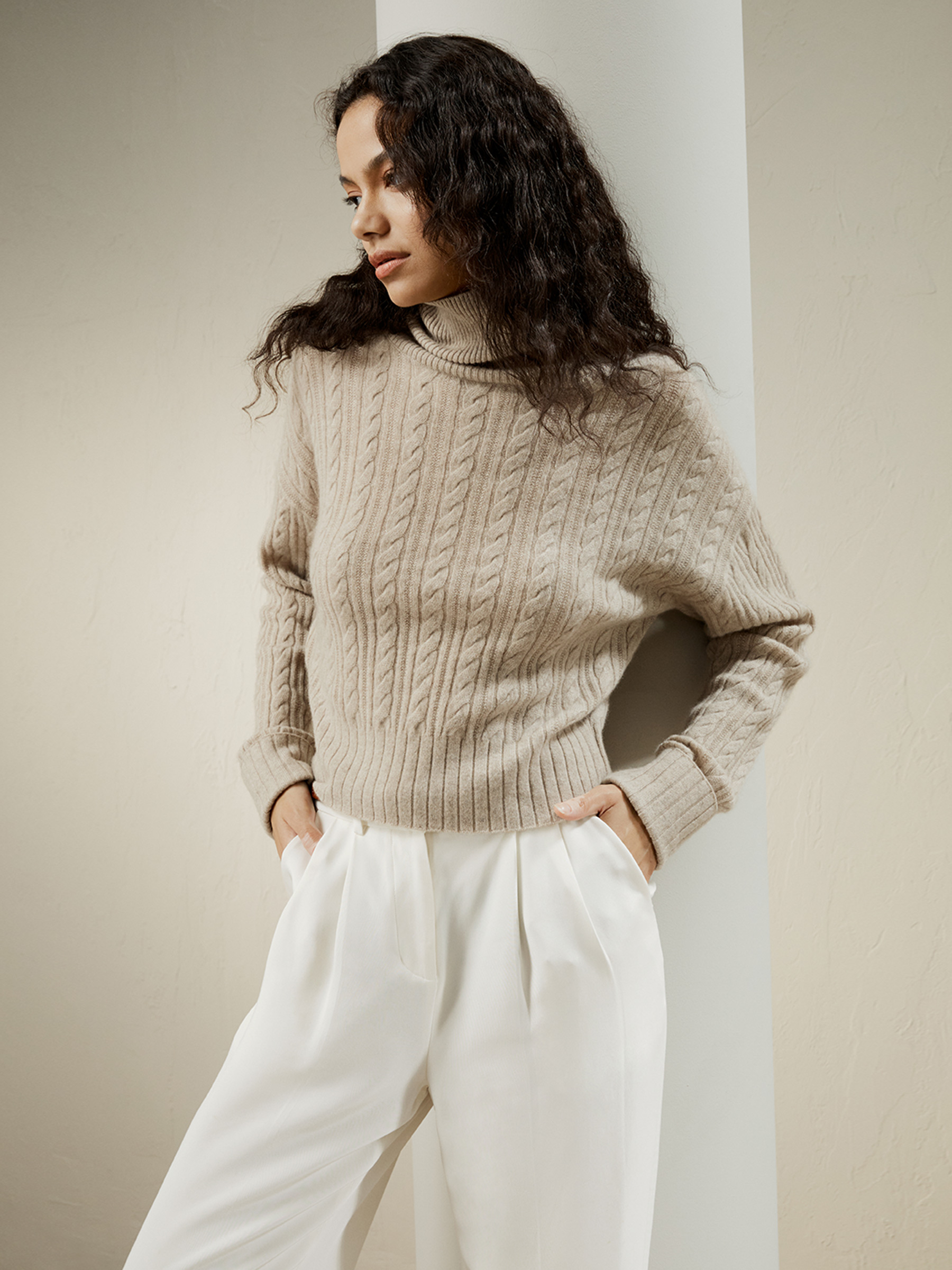 Lilysilk Pull à col roulé en maille torsadée classique