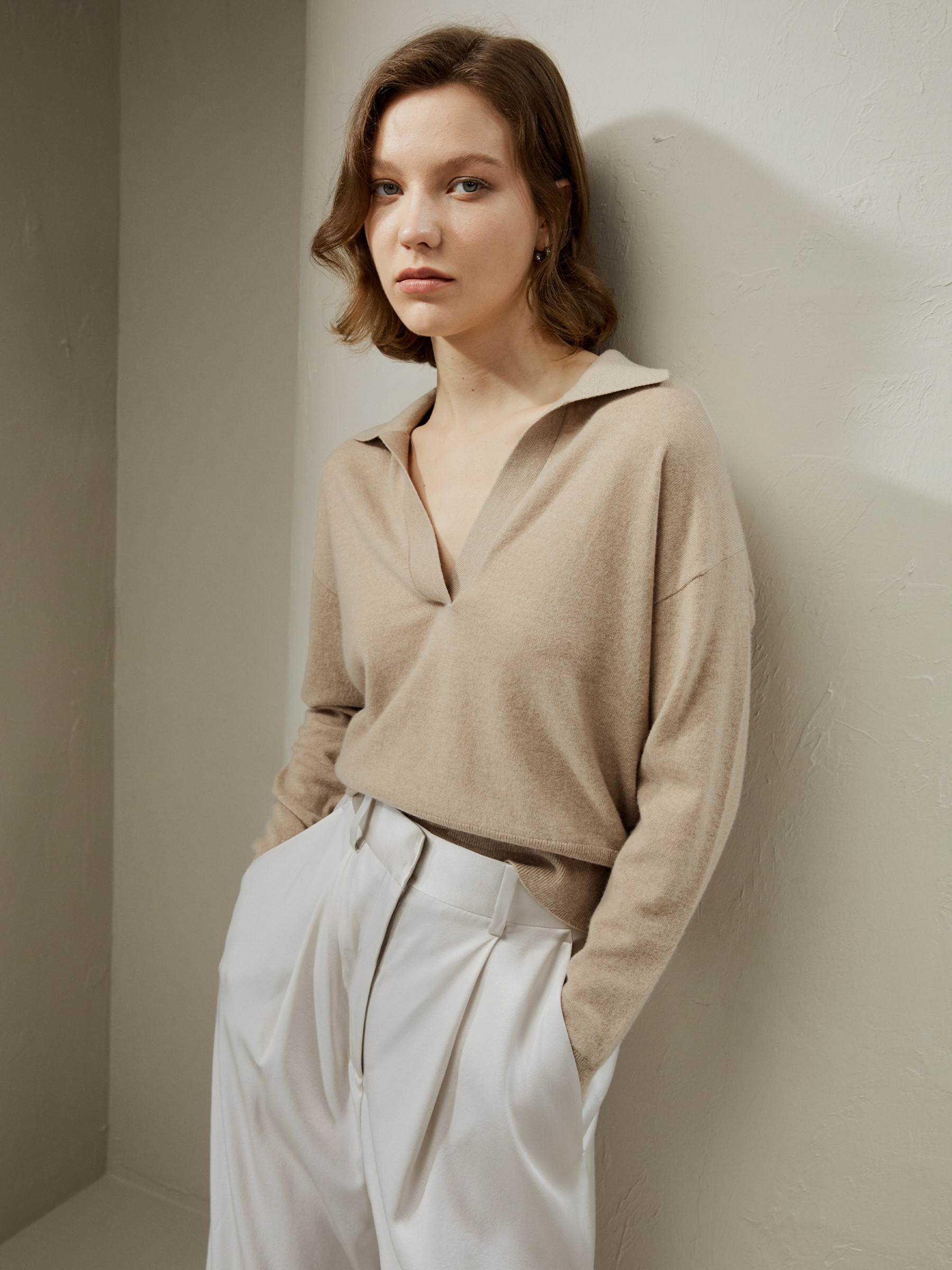 LILYSILK Kaschmir Poloshirt Damen 100% Kaschmir Poloshirt Mit V-Ausschnitt Perfekt Für Jeden Anlass Hell Kamel L Deutschland