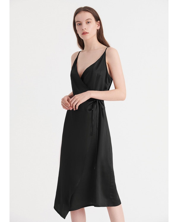 V Neck Tie Waist Silk Evening Dress Black XL