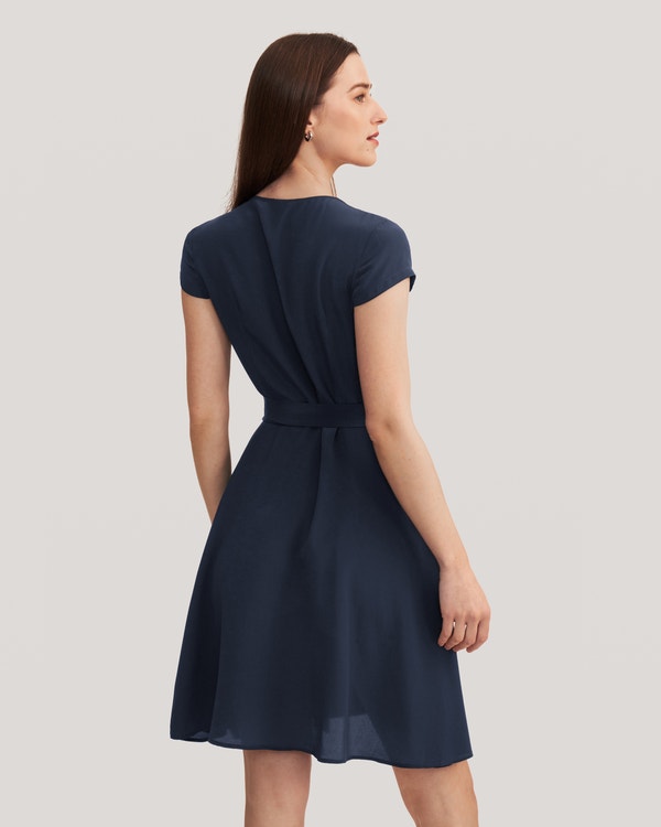 Figure Flattering Silk Wrap Dress Navy Blue L