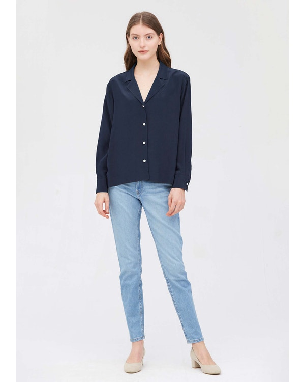 Elegant Long Sleeve Silk Shirt Navy Blue L