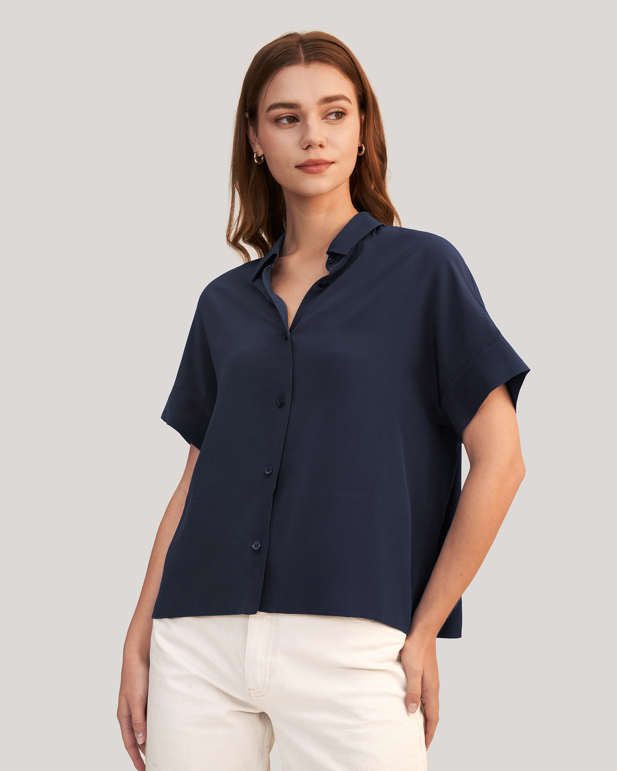 LILYSILK Casual Short Sleeves Loose Silk Shirt for Women - Navy Blue