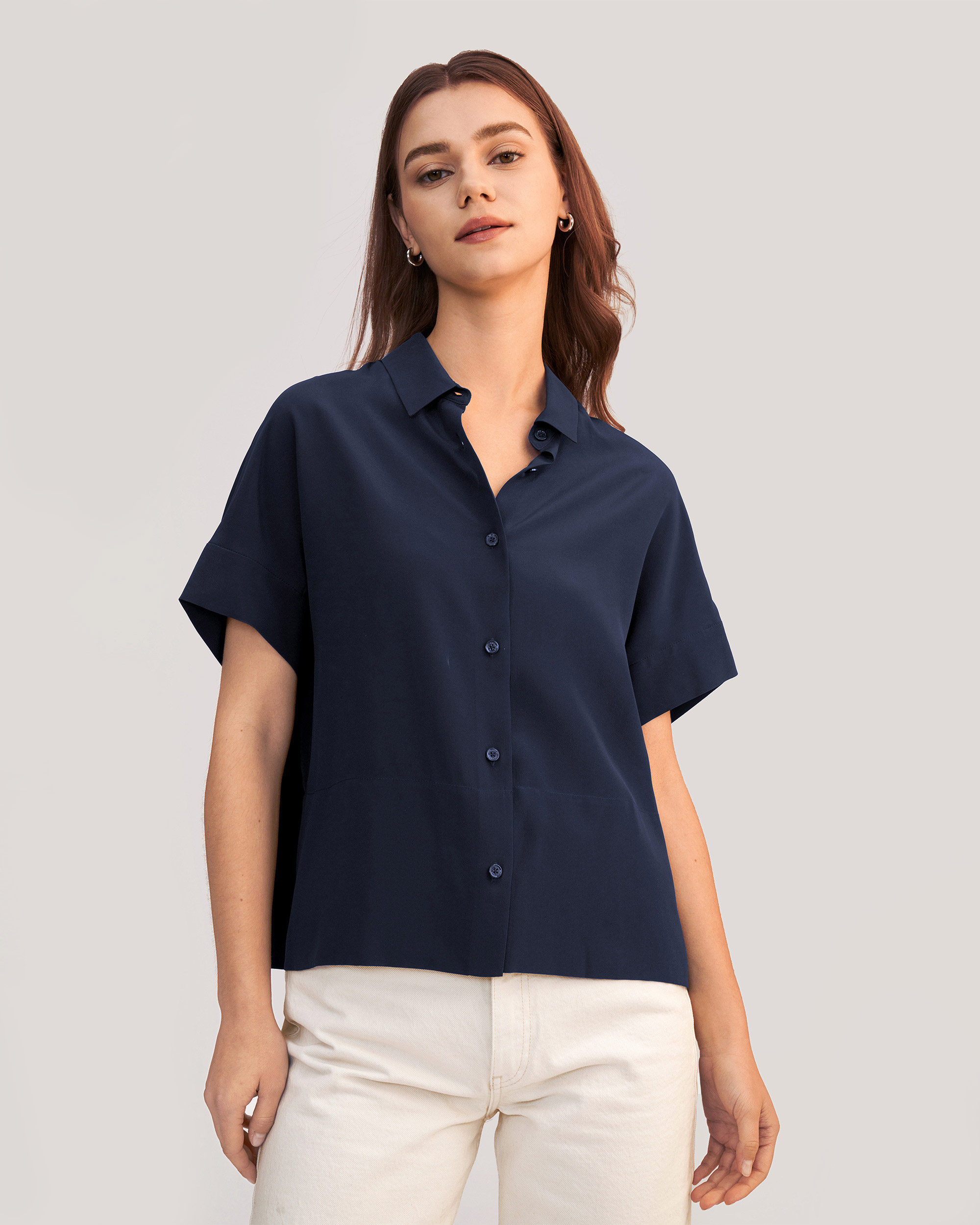 LILYSILK Casual Short Sleeves Loose Silk Shirt for Women - Navy Blue