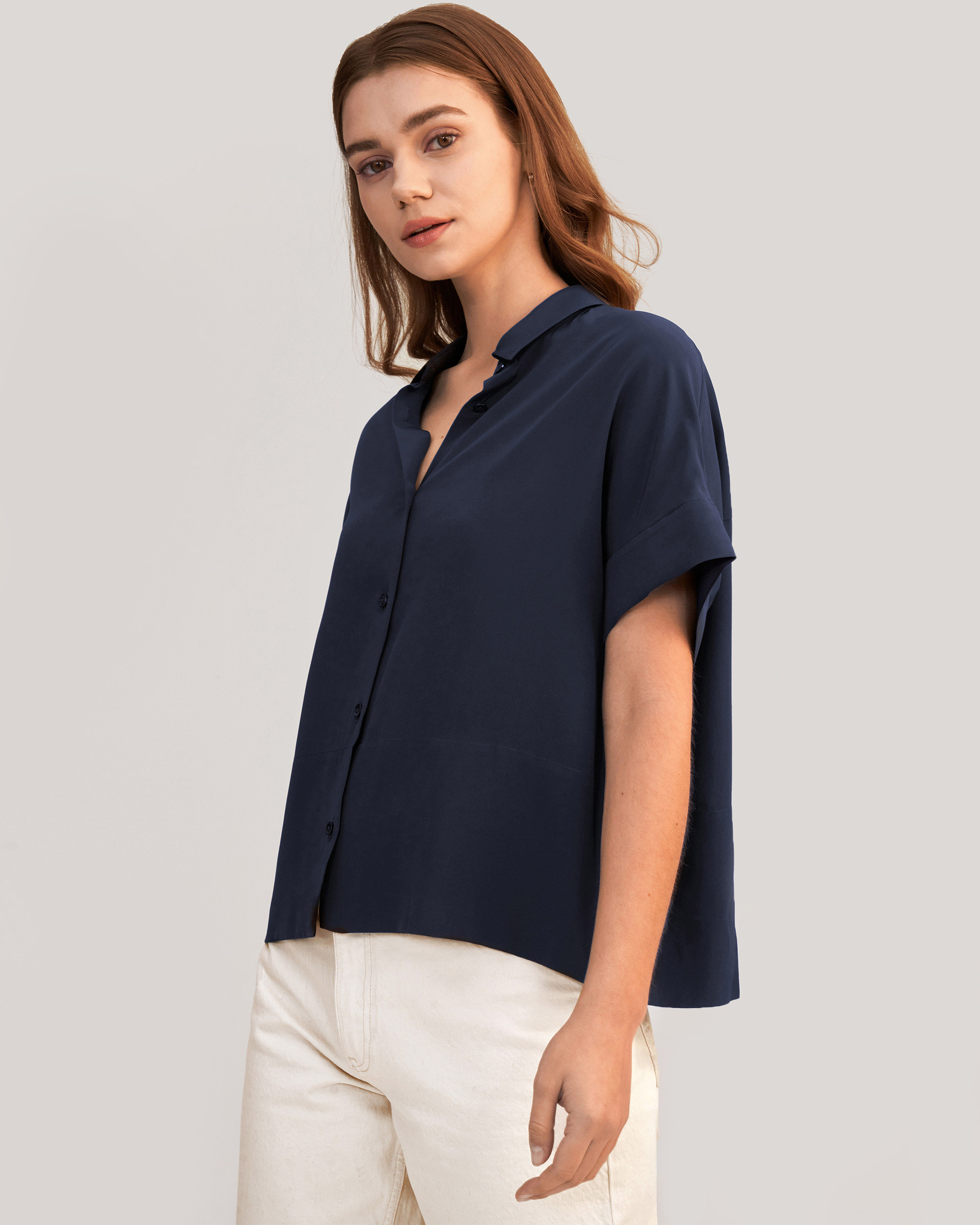 LILYSILK Casual Short Sleeves Loose Silk Shirt for Women - Navy Blue