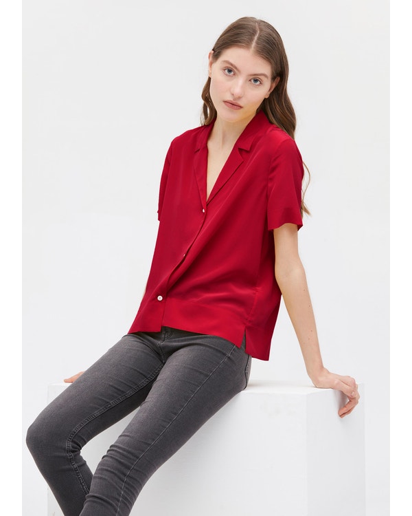 V Neck Half-Sleeve Notch Silk Shirt XL