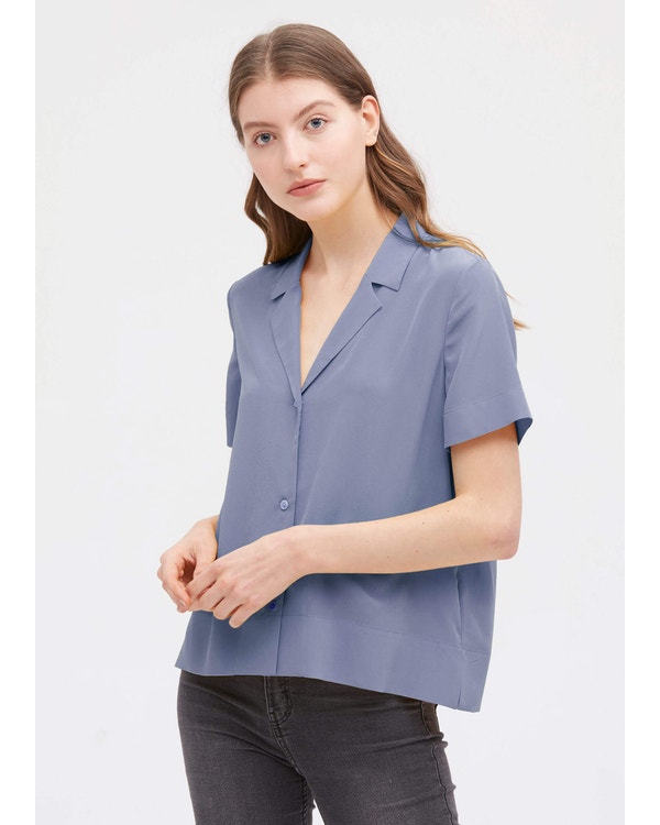 V Neck Half-Sleeve Notch Silk Shirt Dusty-Blue XS