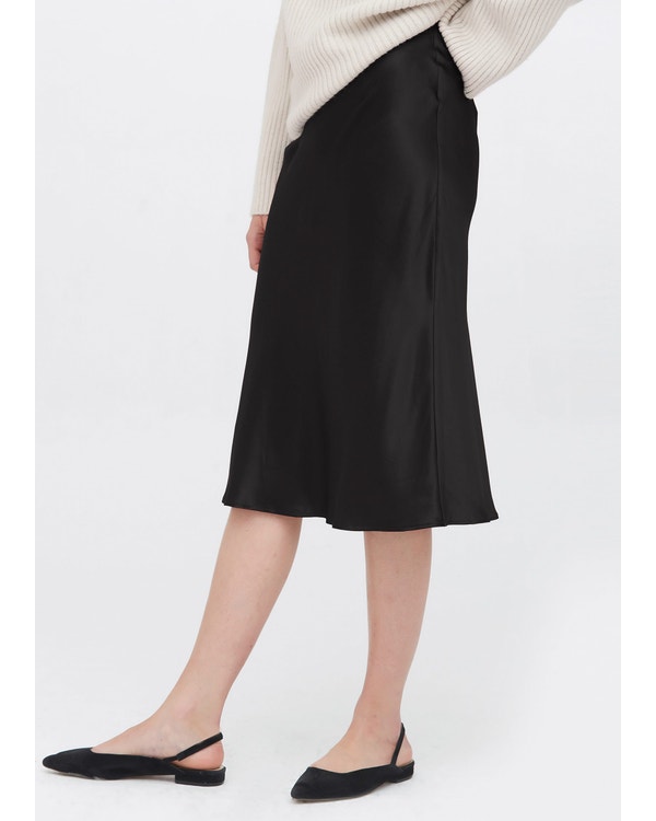 Knee-Length Hips-Wrapped Silk Pencil Skirt Black L
