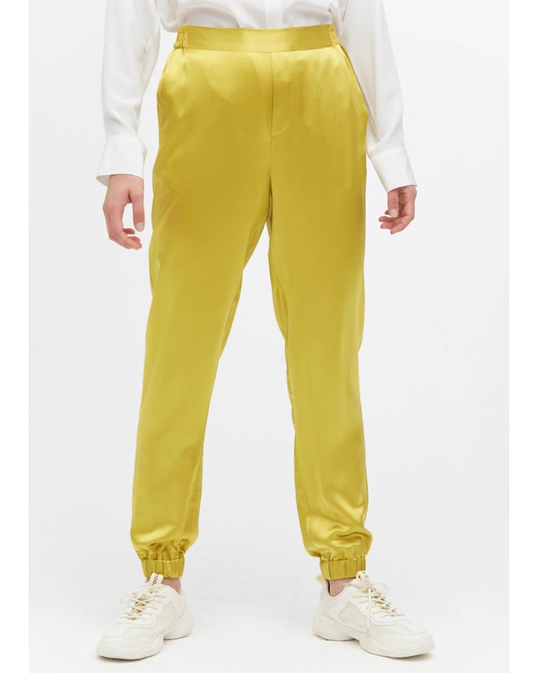 Elastic Hem Casual Silk Pants Zinnia-Yellow 30B