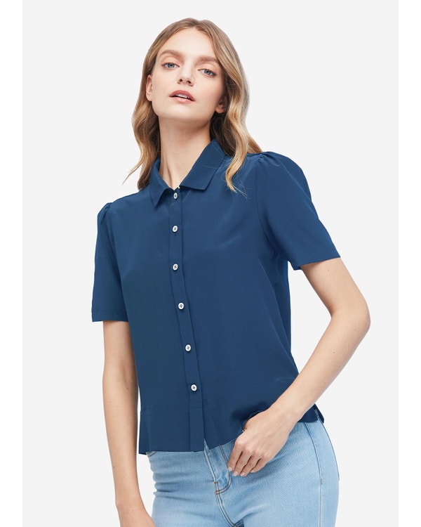 Casual Puff-Sleeve Loose Silk Shirt Midnight Blue XL