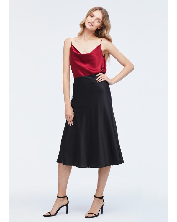 Versatile Calf Length Silk Skirt Black S