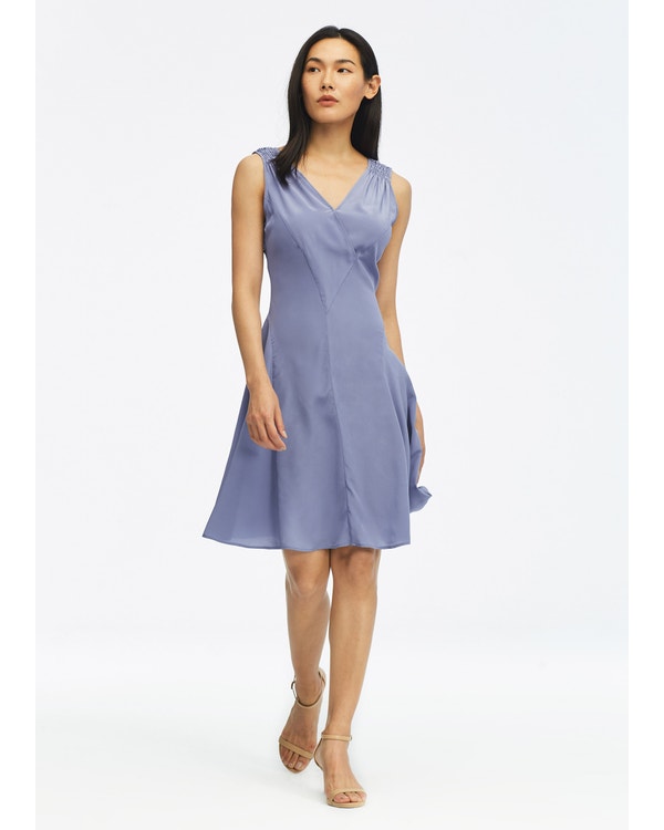 Unique Cutting Silk Dress With Smocking Shoulder Dusty-Blue XS