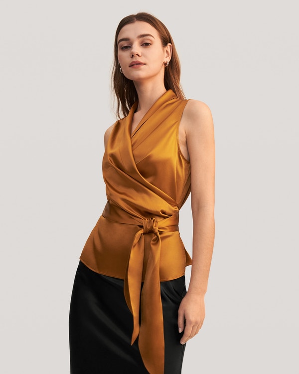 Women Elegant Silk Wrap Blouse Caramel XL