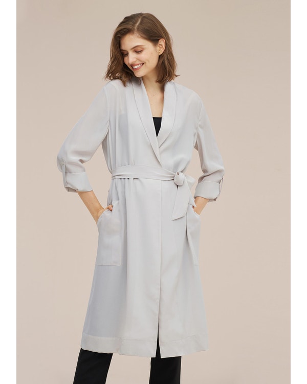 Women Mid-length Solid Color Silk Trench Coat Pale-Gray XXL