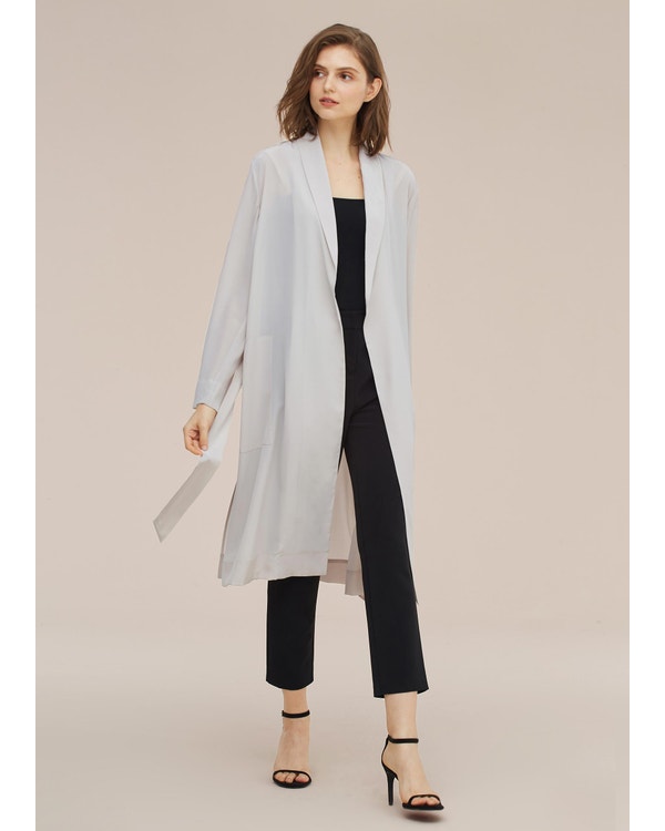 Women Mid-length Solid Color Silk Trench Coat Pale-Gray XXL