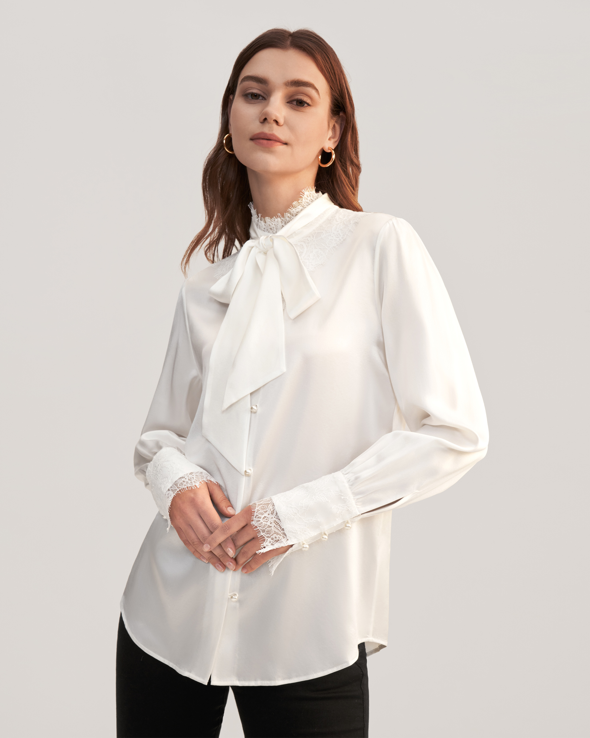 MIM Lace Silk Blouse With Removable Bow