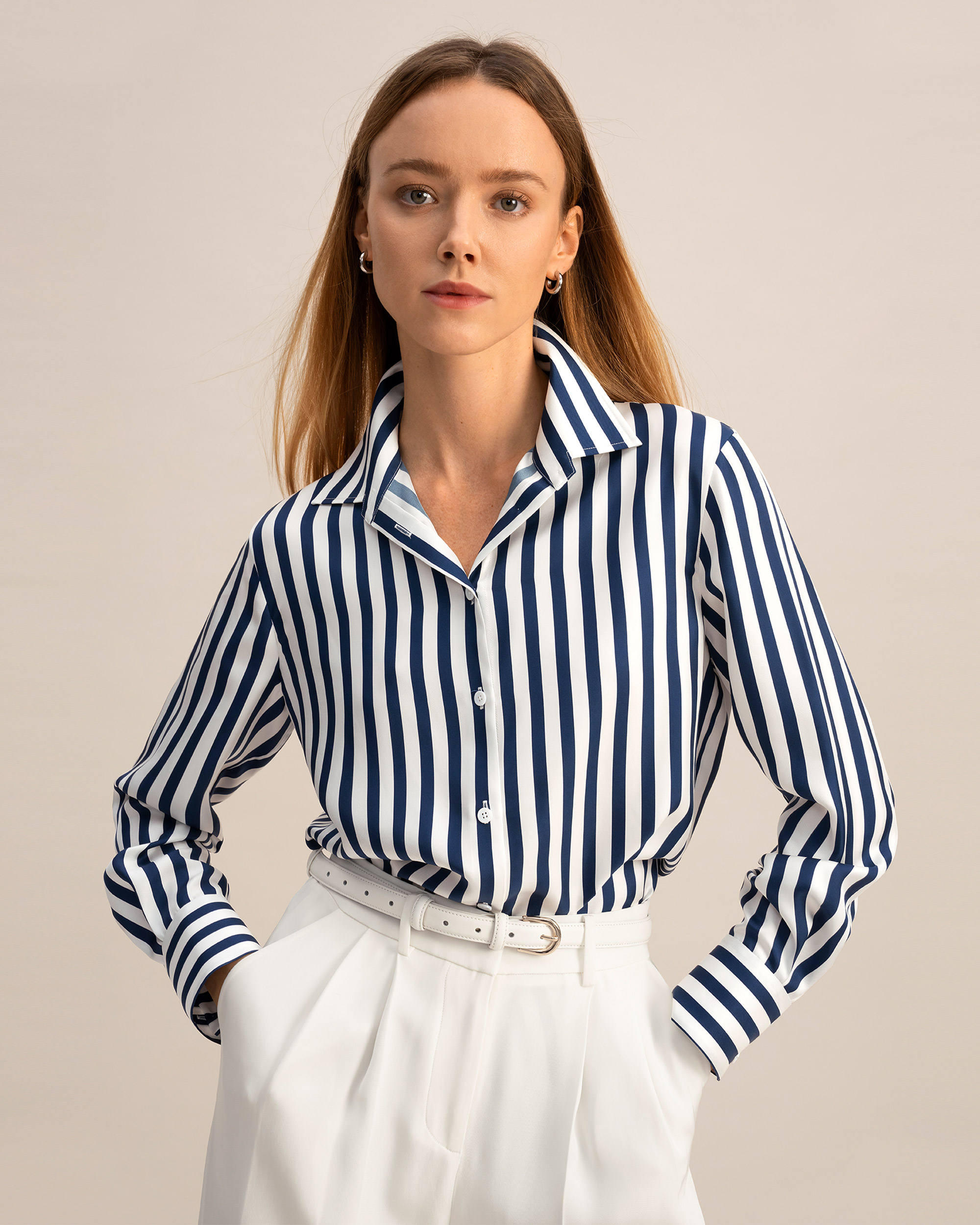 blue and white striped shirt dress with leather belt, vintage