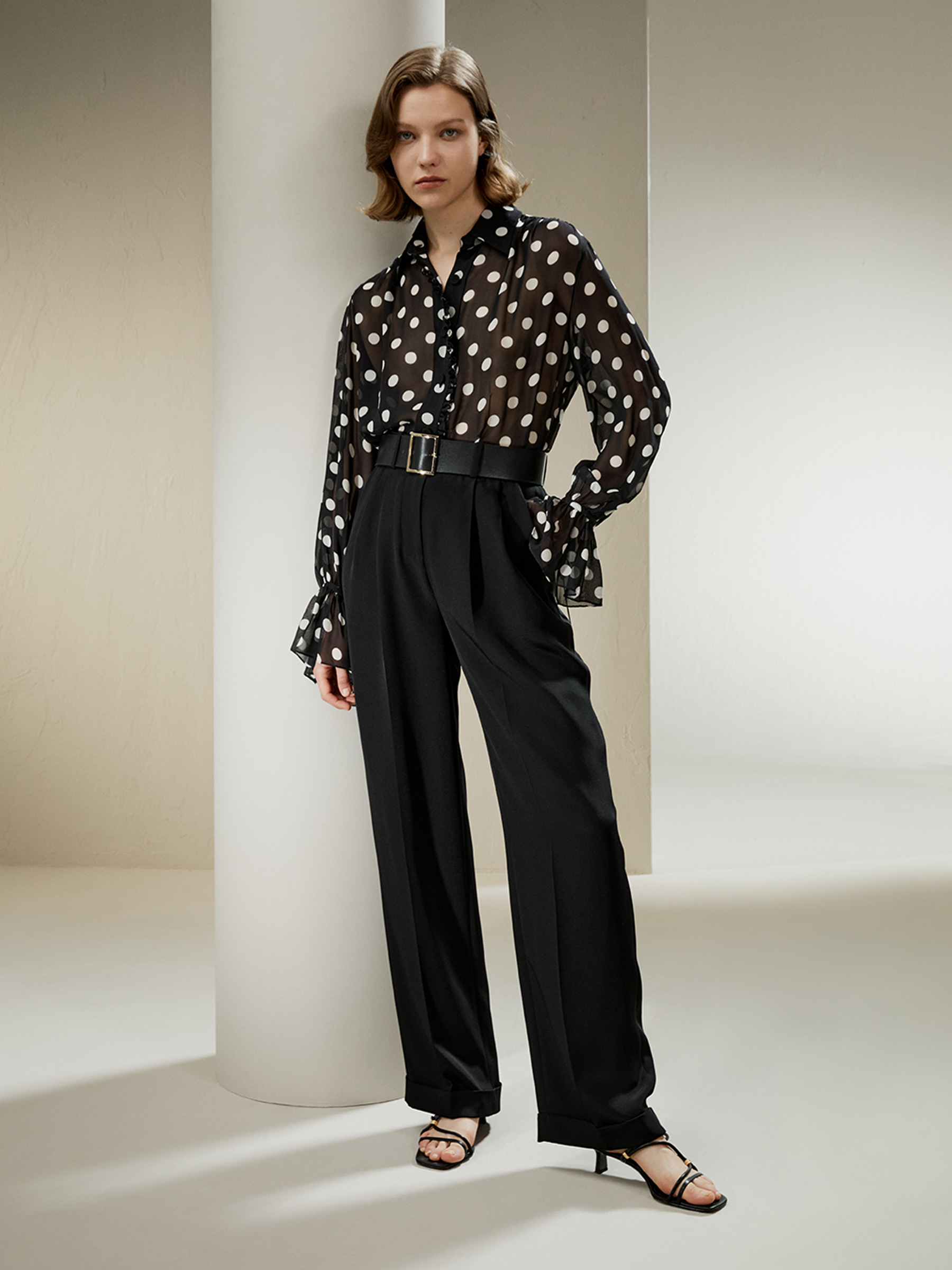 LILYSILK Bluse Seide Damen Trompetenärmel Super Weich Weiße Punkte in Schwarz XL Deutschland