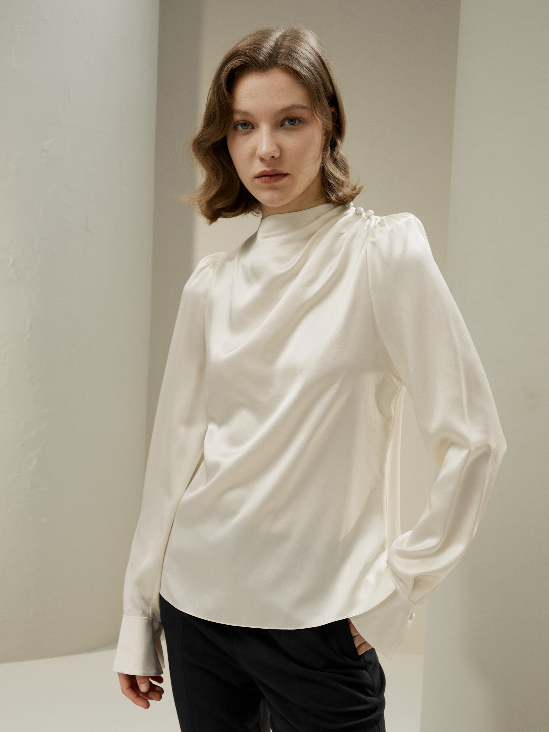 Asymmetrical Silk Blouse with Puff Sleeves