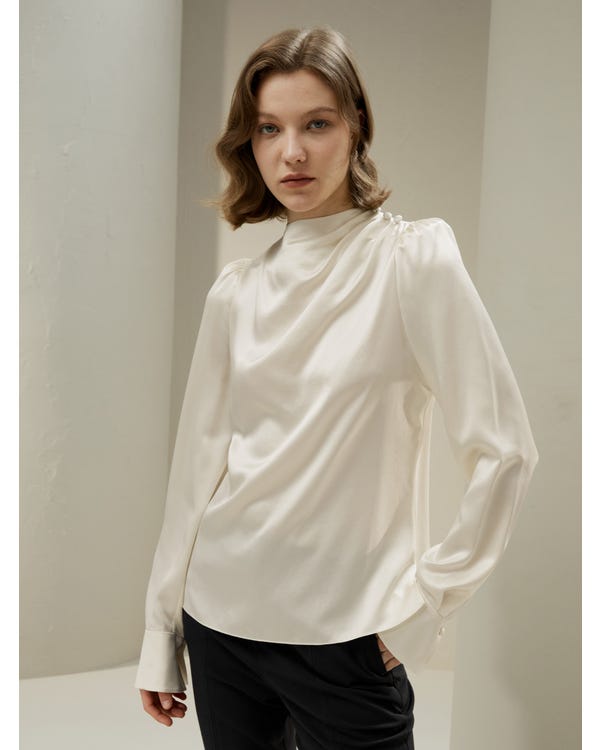 Asymmetrical Silk Blouse with Puff Sleeves