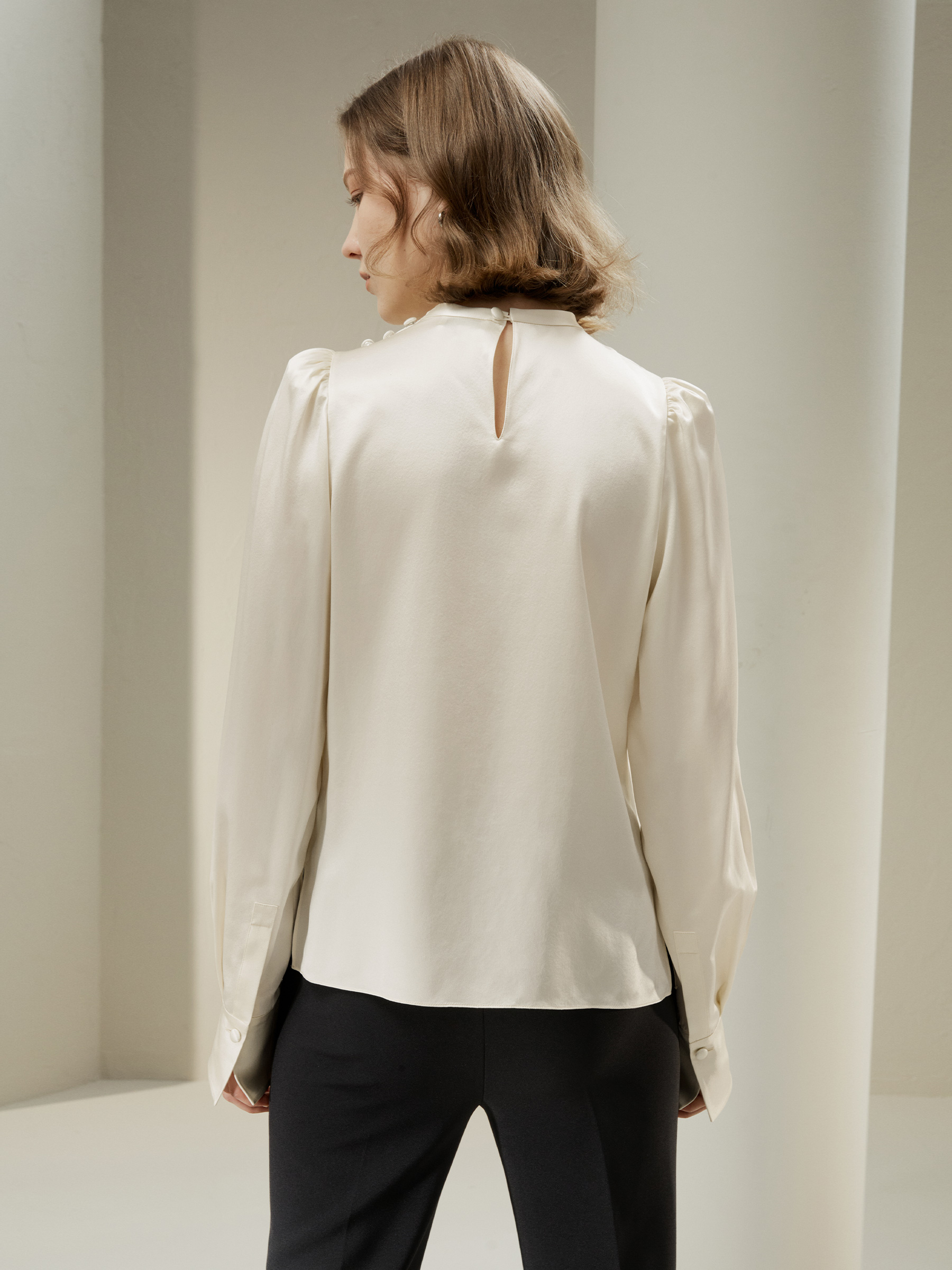 Asymmetrical Silk Blouse with Puff Sleeves