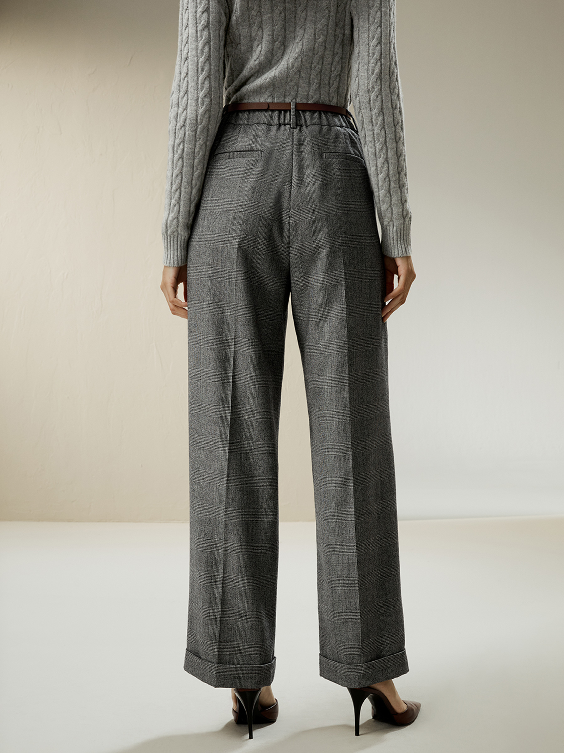 WIDE-LEG FLANNEL TROUSERS WITH DOUBLE WAISTBAND - Grey marl