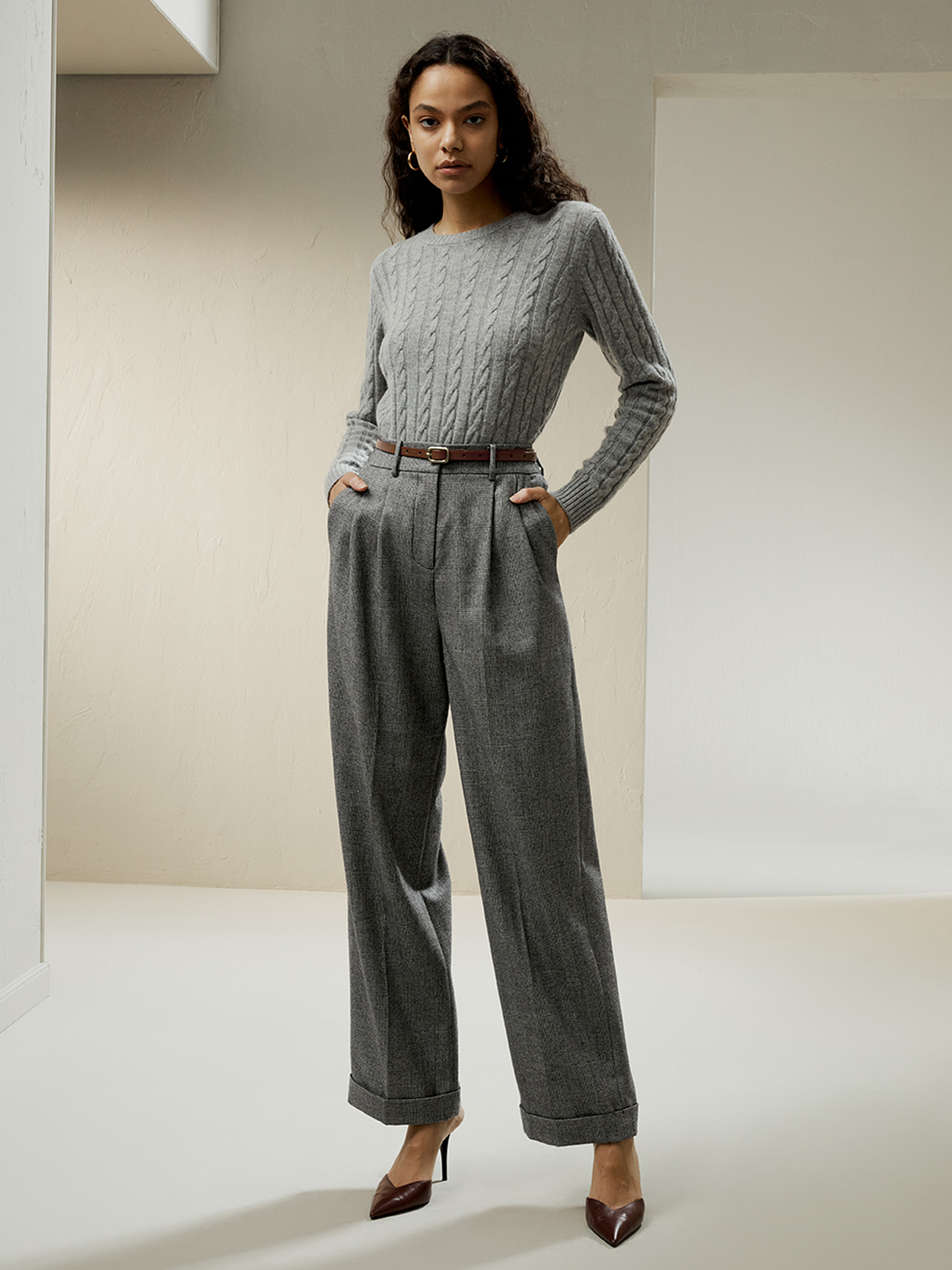 Wide leg wool-flannel suit trousers