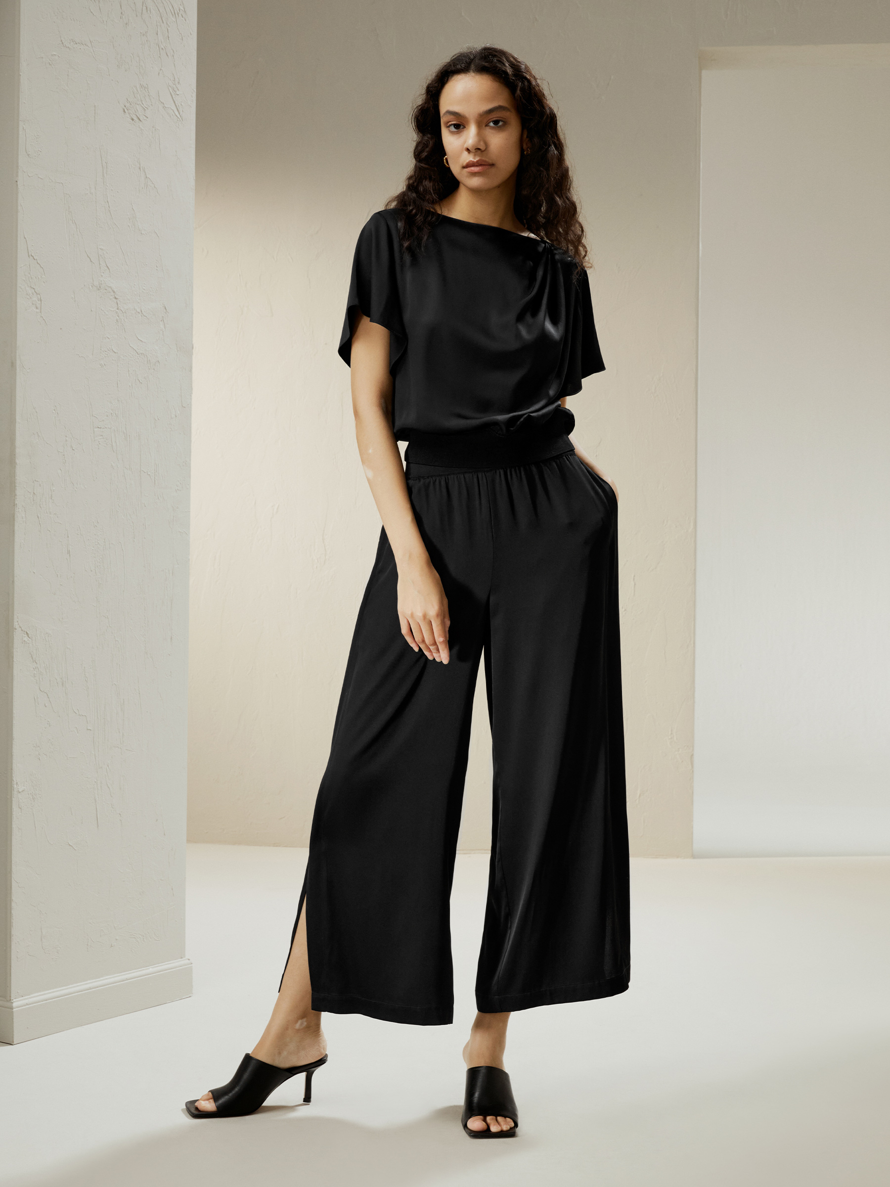 Wide leg cropped silk pants