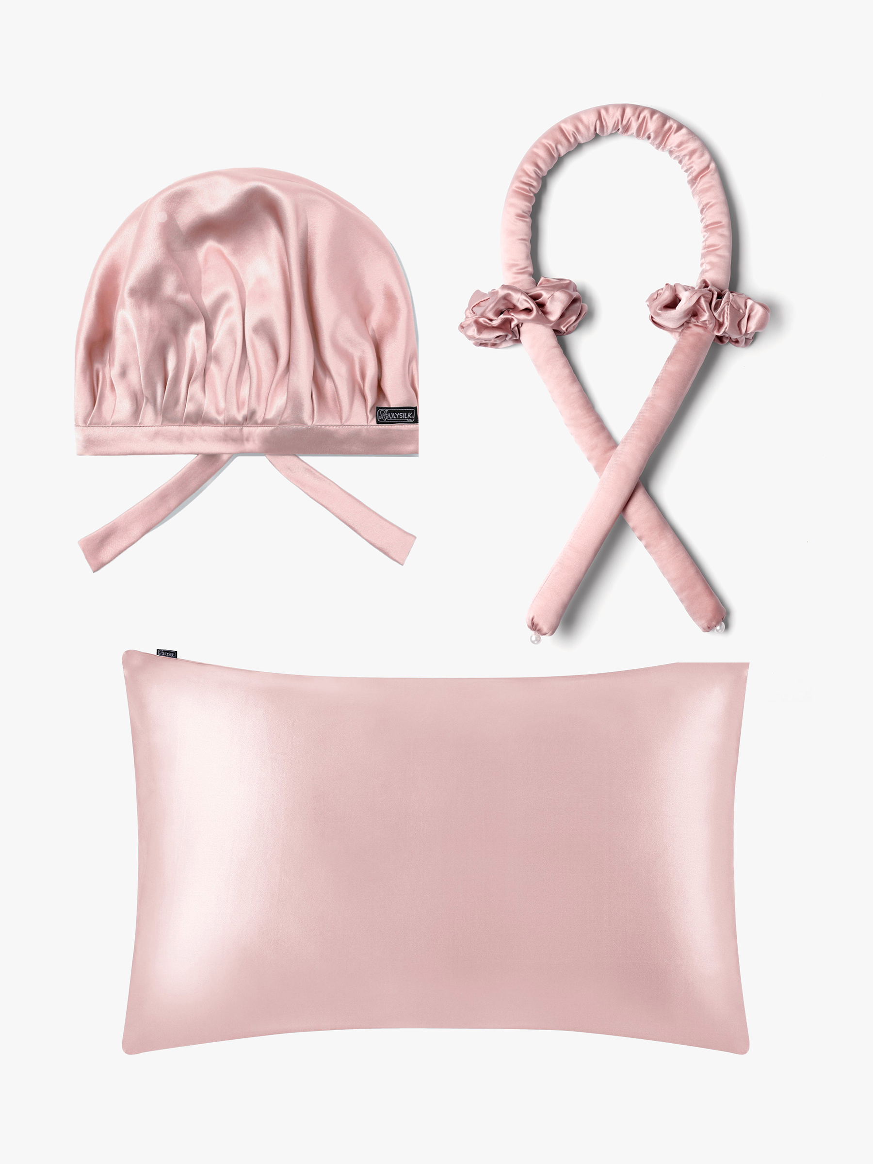 Rosy Pink (Sleep Cap Included) Perfect Silk Beauty Set For Hair